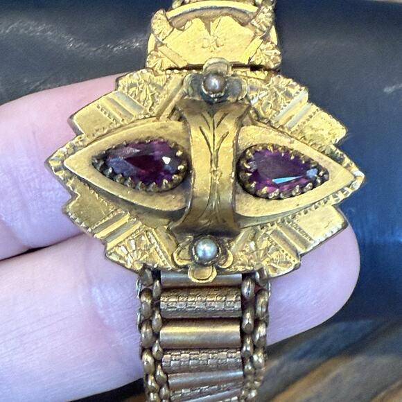 Antique Victorian Gold Filled Mesh Slide Bracelet Amethyst Glass Seed Pearl 1882 - Picture 4 of 13